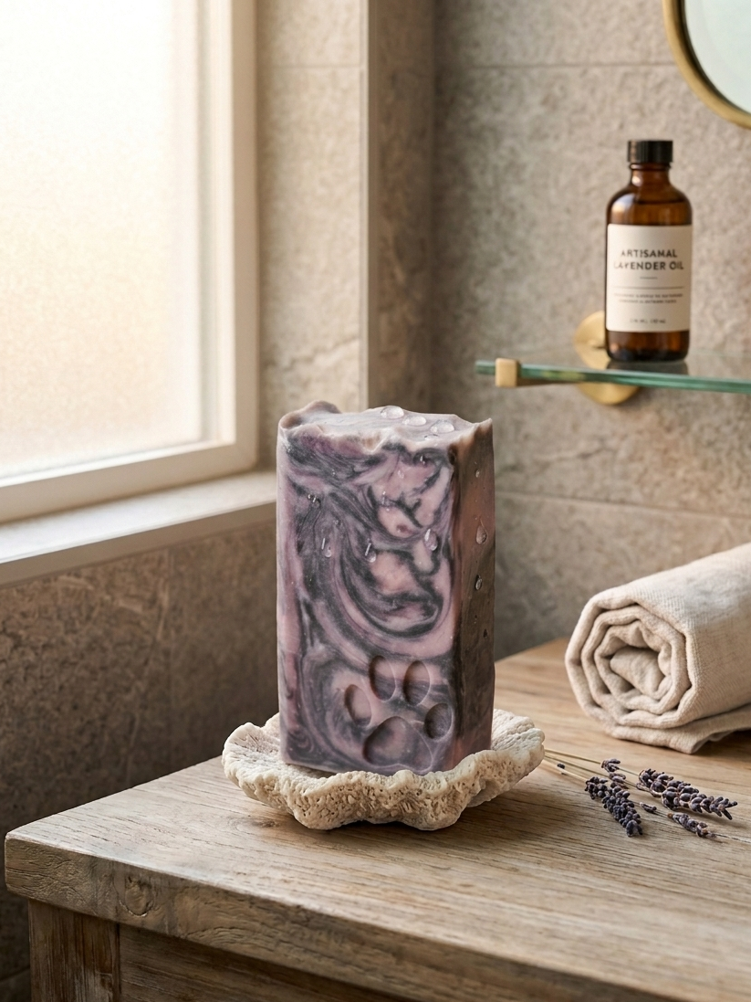 Mahagony Teakwood soap on a stand with a bottle and towel in the background