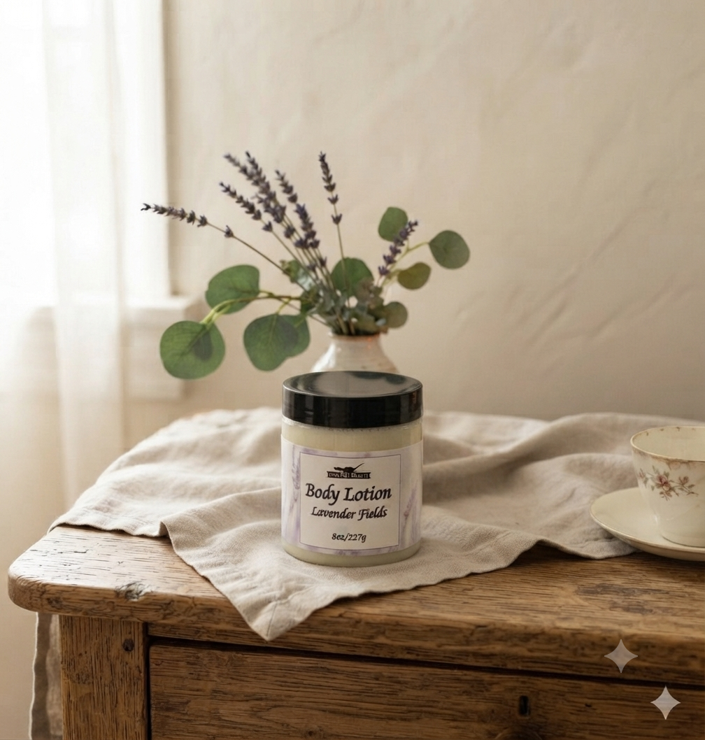 A jar of body lotion labeled 'Body Lotion Lavender Fields' sits on a rustic wooden table draped with a cream linen cloth, styled with a small vase of lavender and eucalyptus leaves, with a floral teacup in the background.