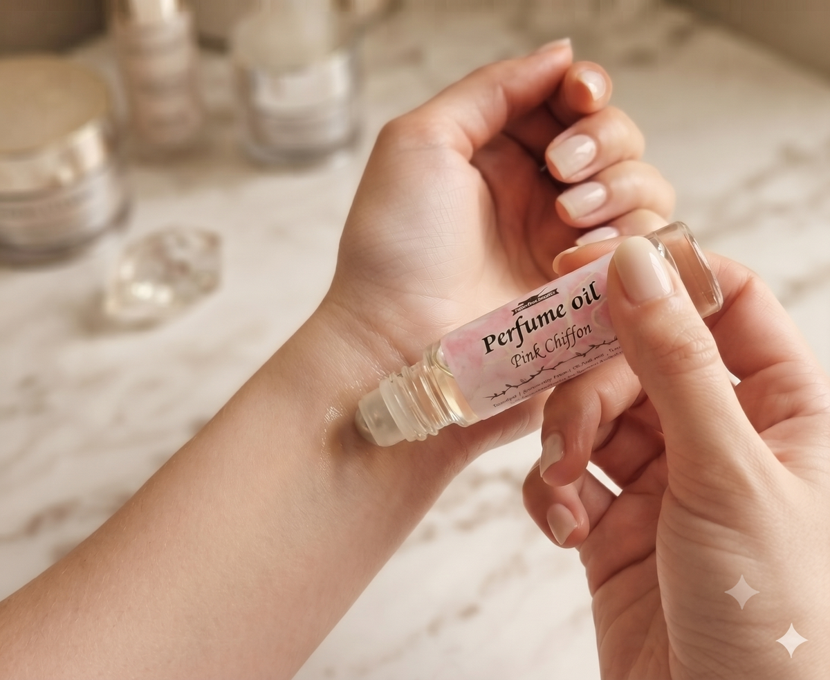 A close-up of a person's hands holding a clear glass roller bottle labeled 'Perfume oil Pink Chiffon' and applying a few drops to their wrist, with a marble countertop and blurred cosmetic jars in the background.