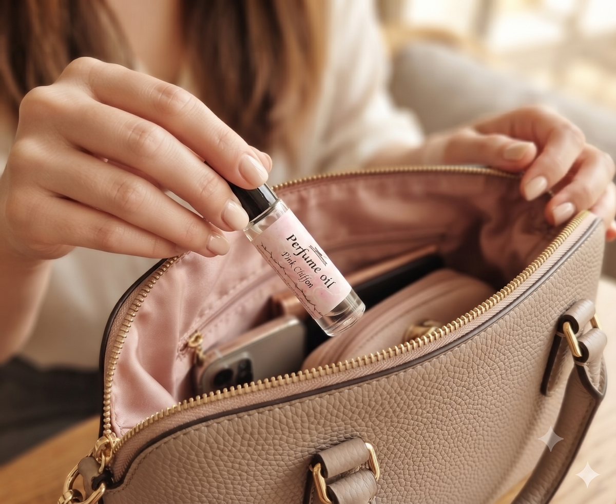 A close-up lifestyle shot of a person's hands placing a small pink chiffon perfume oil bottle into a beige pebbled leather handbag with a pink interior.