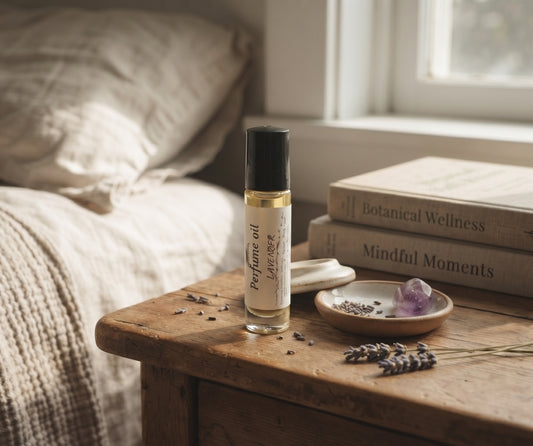 A small roll-on perfume oil bottle labeled 'Lemon' stands on a rustic wooden bedside table in a softly lit bedroom. Books, a small dish, lavender sprigs, and a crystal rest on the table, with a bed and window in the background.