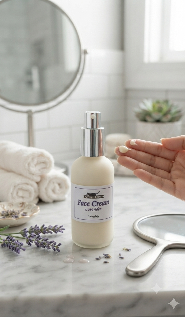 A bottle of lavender face cream with a silver pump and white label sits on a marble bathroom counter, with a hand reaching toward it. Rolled towels, a round mirror, lavender sprigs, and a small hand mirror are arranged around it.