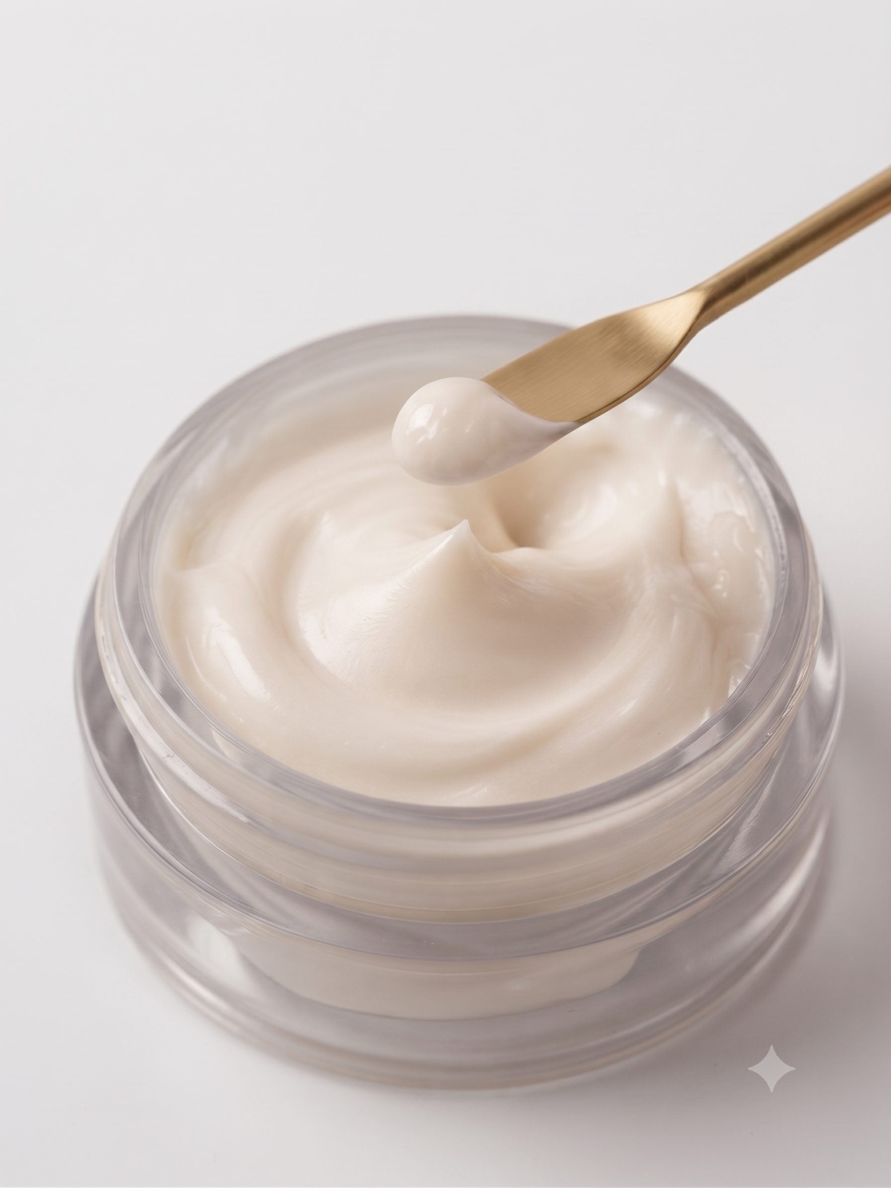A close-up of a clear cosmetic jar filled with thick, creamy off-white cream, with a gold spatula lifting a dollop of the product against a clean white background.