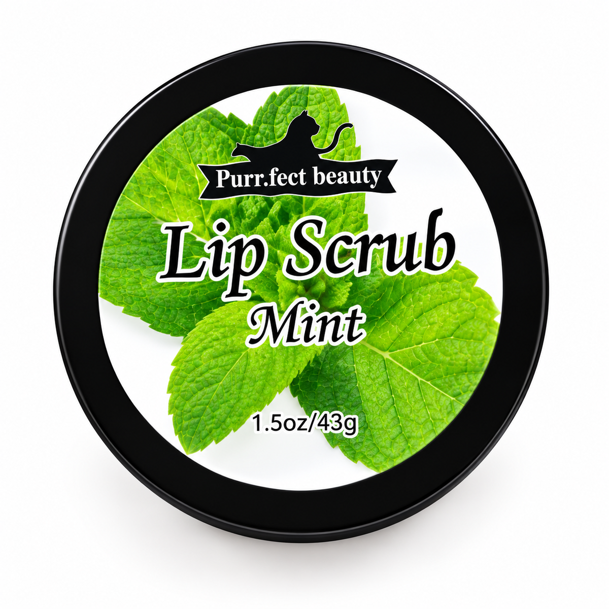 A round black-lidded jar of Purr.fect Beauty Lip Scrub in Mint flavor, featuring a white label with green mint leaves and a black cat silhouette.