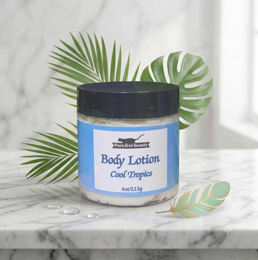 Purr.fect beauty body lotion in cool tropics with water droplets and tropical leaves. 