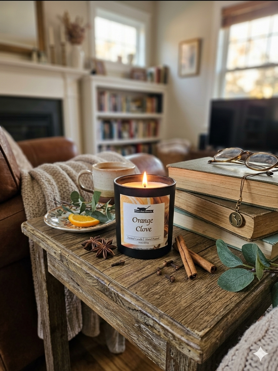 Candle labeled 'Orange Clove' on a wooden table with books and a mug in a cozy living room.