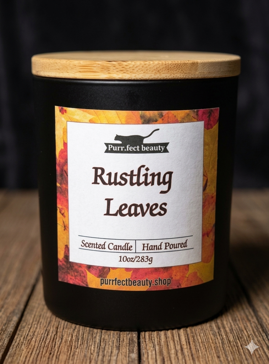 Candle labeled 'Rustling Leaves' by Purrfect Beauty on a wooden surface with a dark background