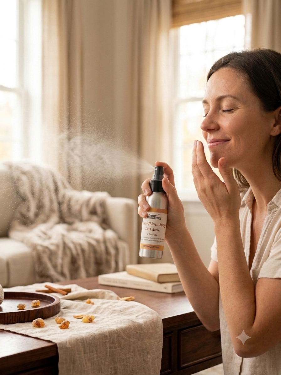 Woman spraying room spray in a cozy living room