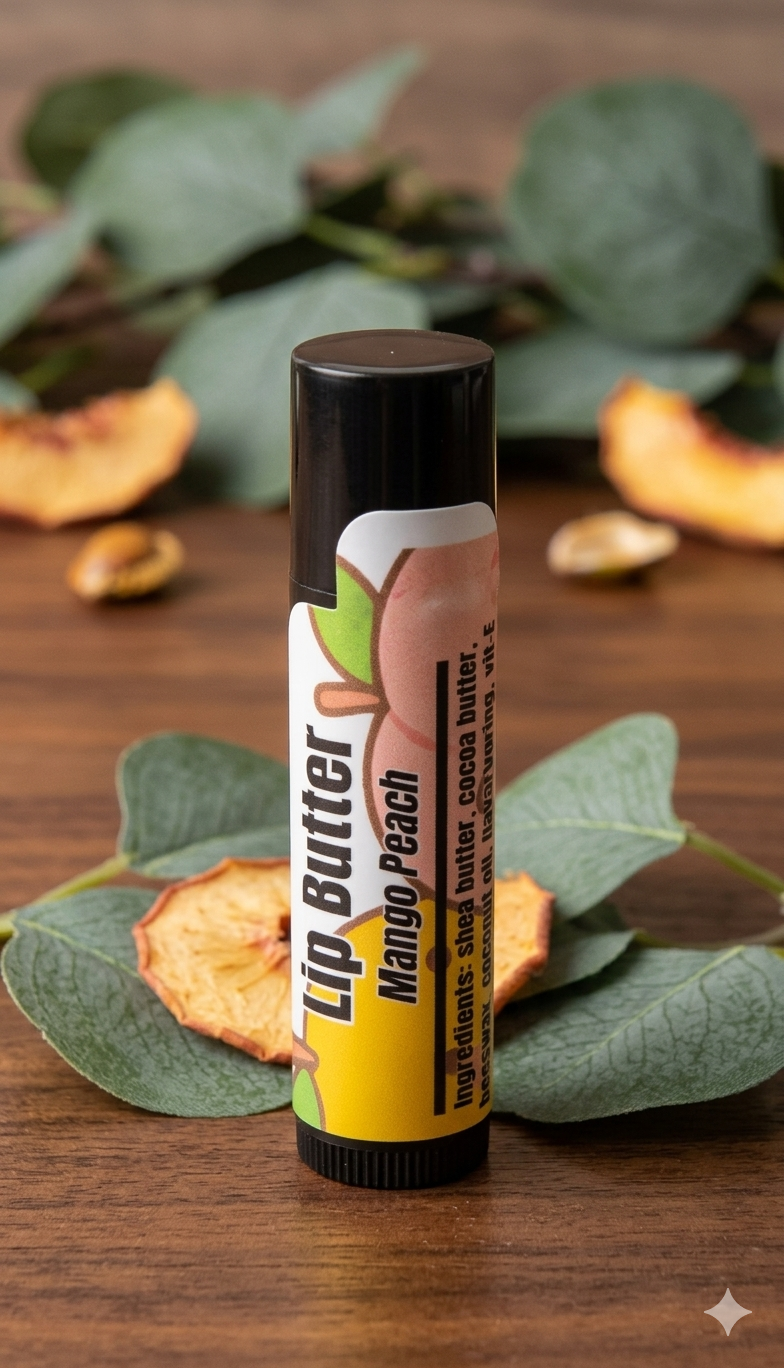 Lip Butter tube labeled 'Mango Peach' on a wooden surface with leaves and fruit slices.