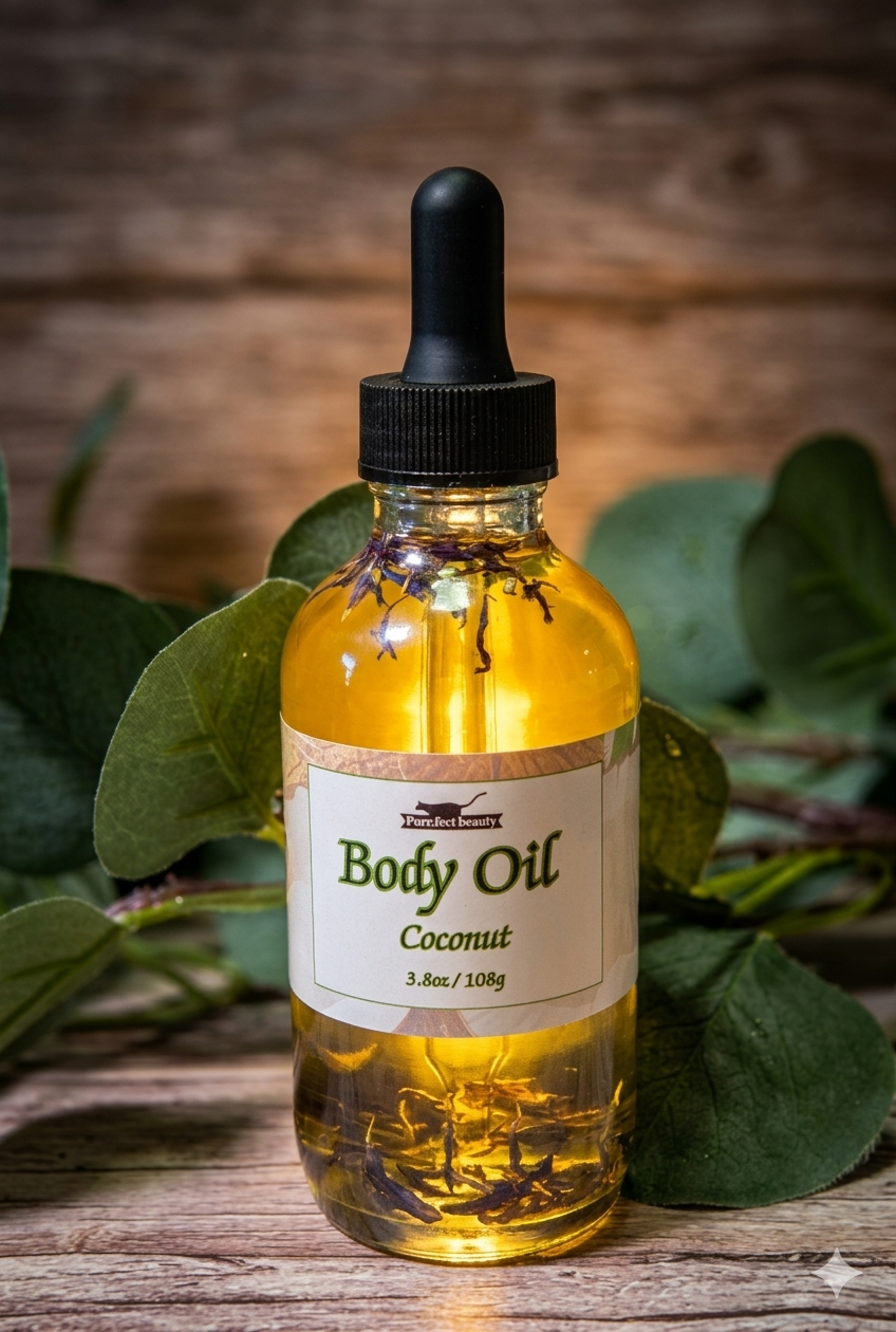 Bottle of coconut body oil with a dropper on a wooden surface with green leaves.
