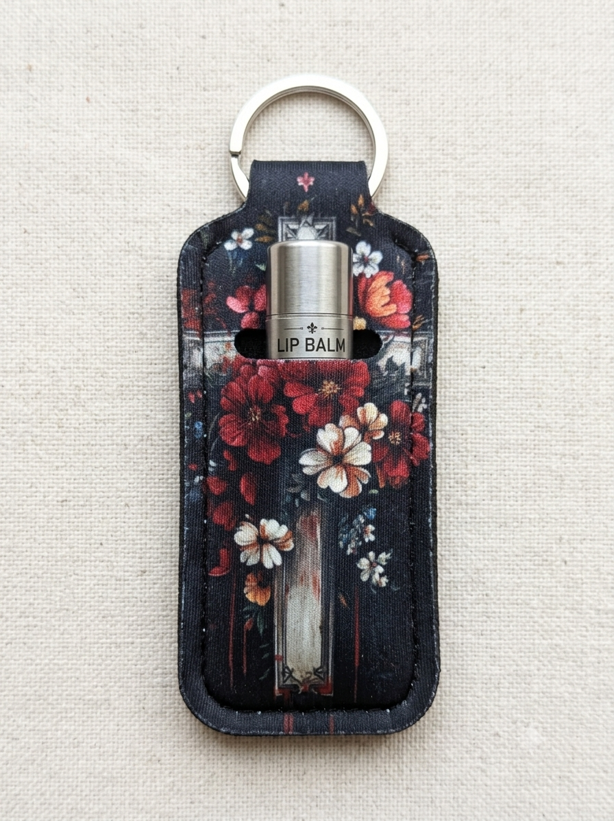 A floral leather keychain holder containing a silver lip balm tube, displayed on a textured beige fabric background.