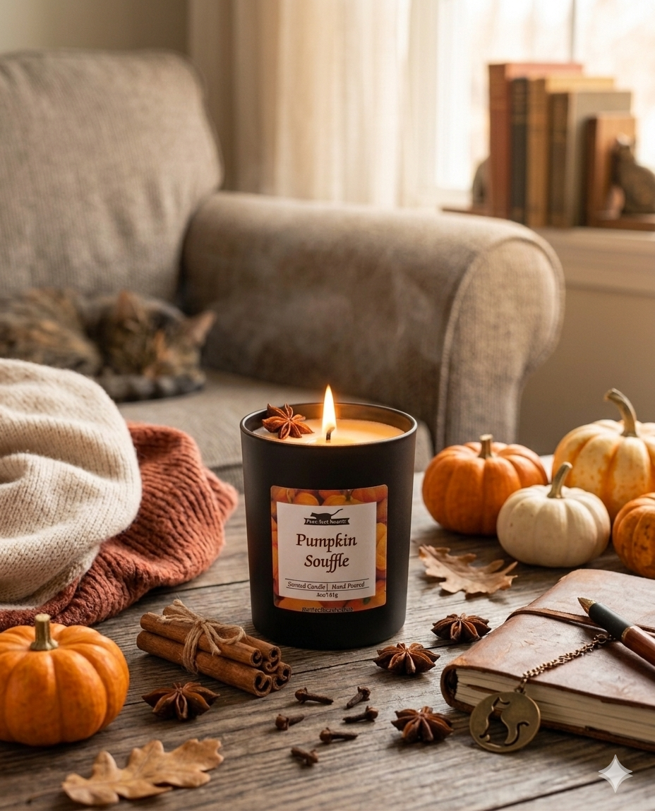 Candle labeled 'Pumpkin Souffle' on a table with pumpkins, leaves, and a cat in the background.
