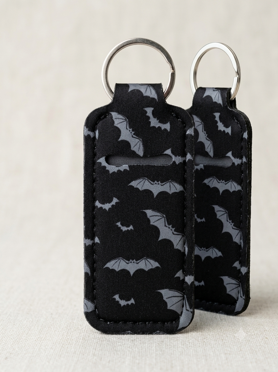 Two black neoprene keychain cases with a gray bat pattern, featuring silver metal key rings, displayed on a light beige textured background.