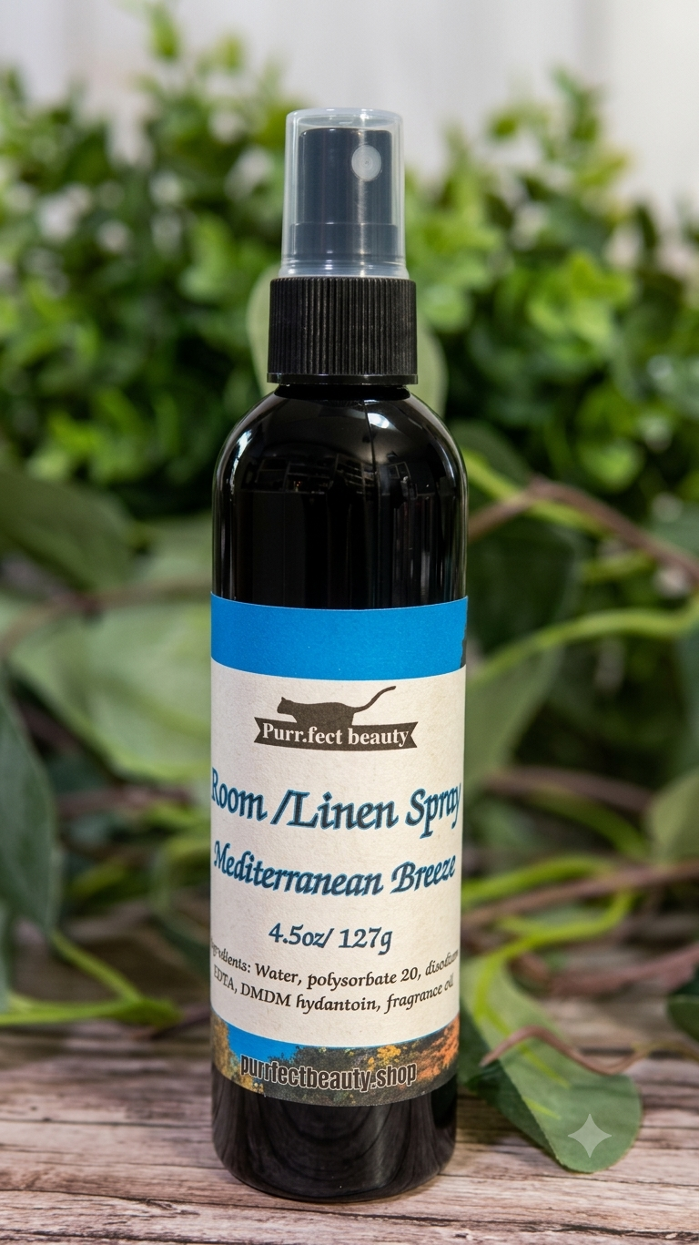 Bottle of room linen spray labeled Mediterranean Breeze with a blue label on a wooden surface with greenery in the background