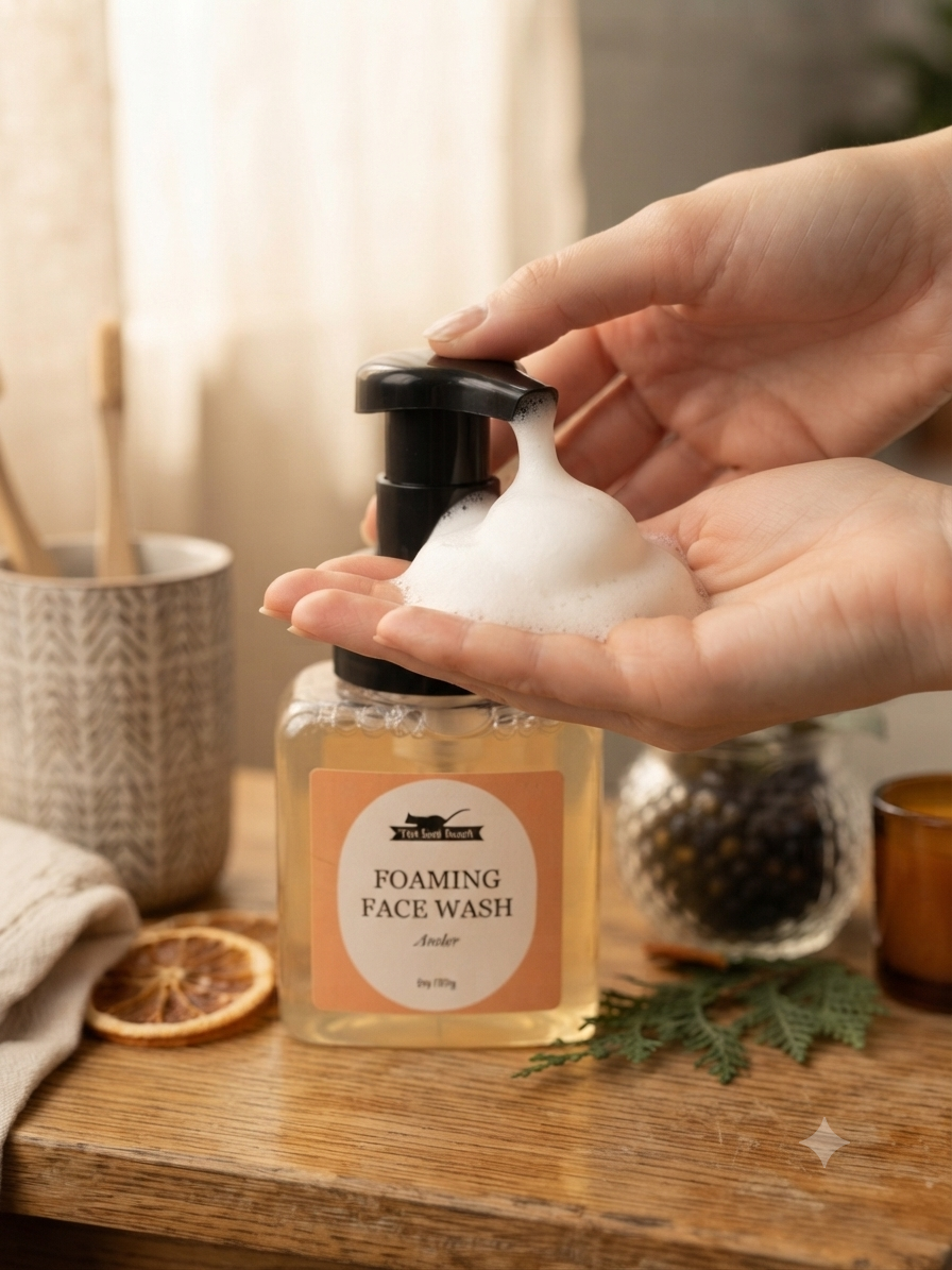 A hand dispensing white foaming face wash from a clear bottle with a black pump and a peach label, set on a wooden table with spa-like props in a warm indoor setting.