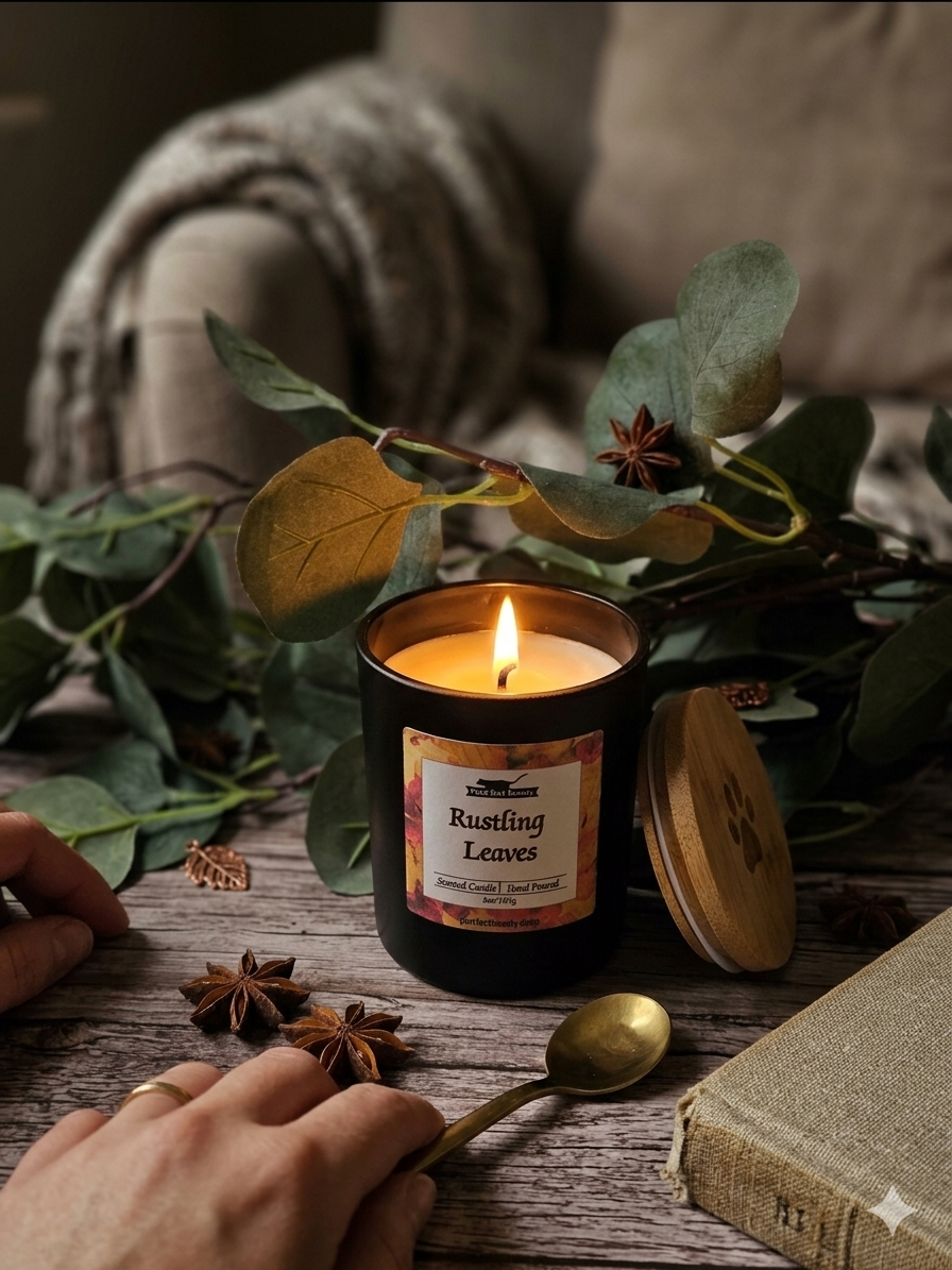 Candle with 'Rustling Leaves' label on a wooden surface with greenery and a book.