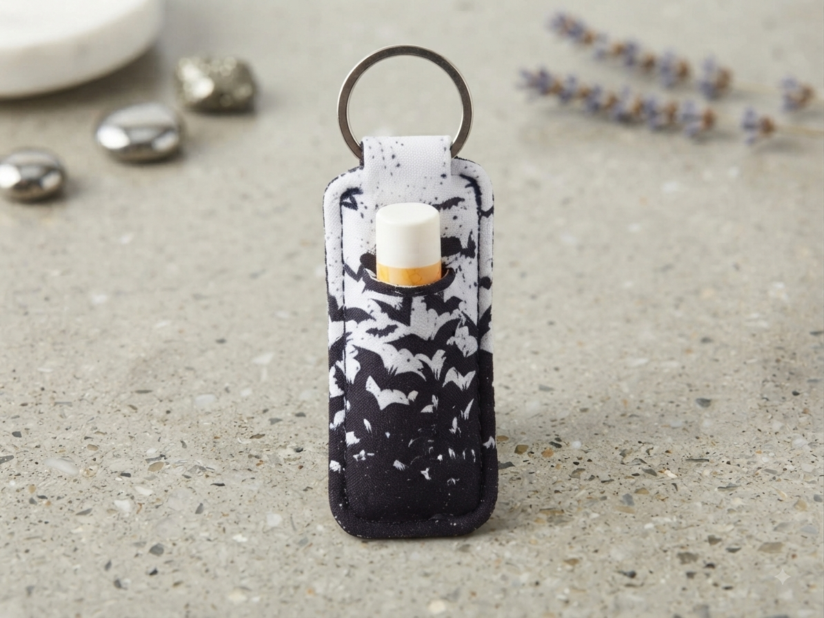 A small black and white keychain holder with a circular metal ring, featuring a black and white bat pattern and a small white candle inside, set on a textured concrete surface.
