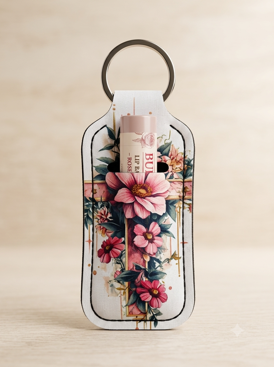 A floral lip balm case with a metal key ring, holding a pink lip balm tube. The case features a white background decorated with pink and red flowers, green leaves, and gold vertical stripes, set against a light wood background.