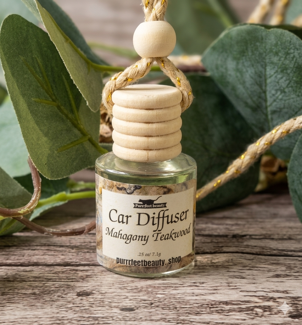 Mahagony Teakwood Car diffuser with wooden beads on a wooden surface with green leaves in the background