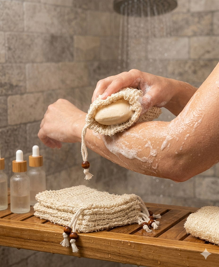 Person using a soap saver bag to scrub a soap bar with soap suds on a wooden tray.