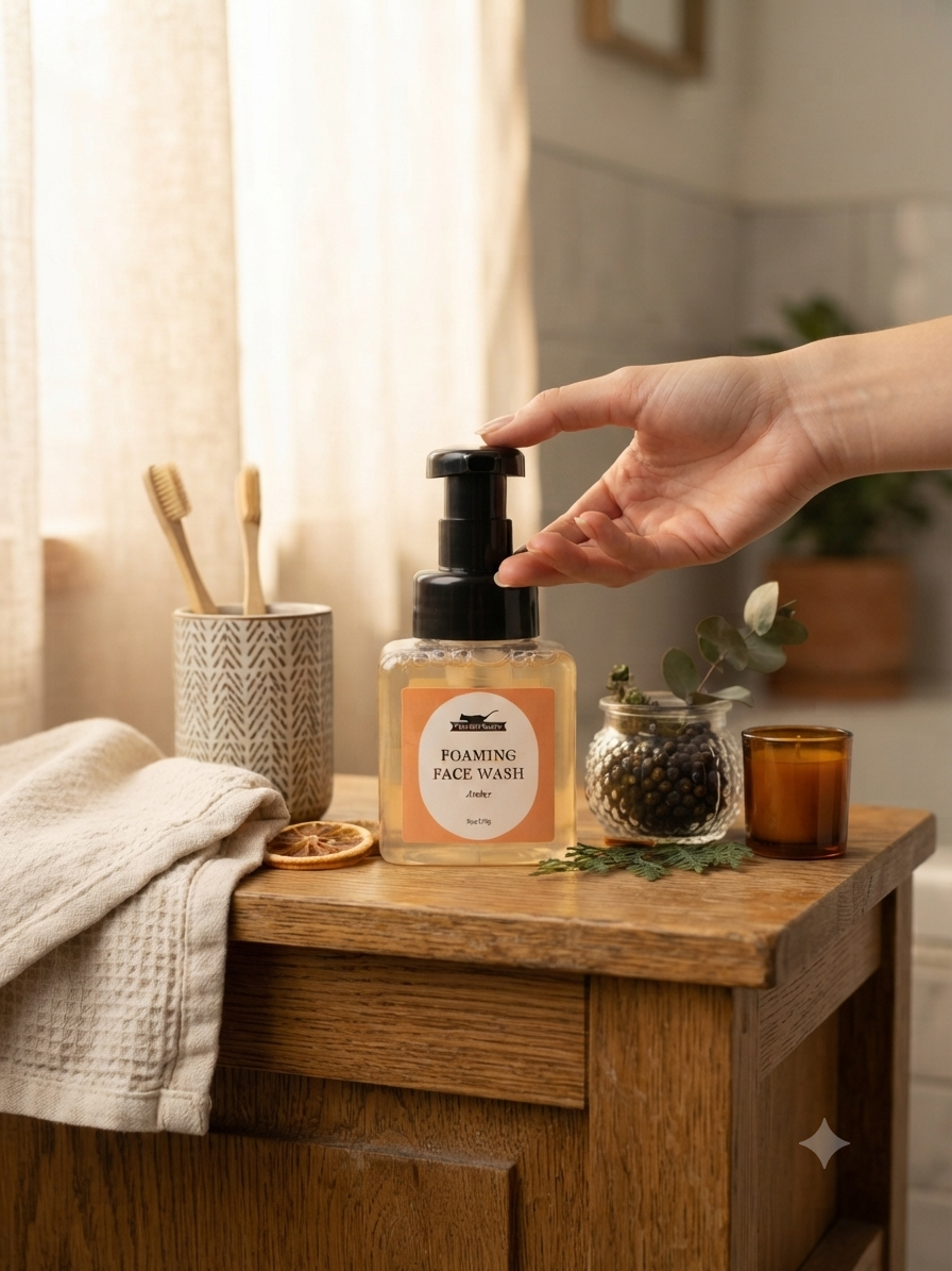 A hand reaches for the Purr.fect beauty pump dispenser of a foaming face wash on a wooden bathroom counter, surrounded by a textured towel, toothbrushes, a small glass jar, and an amber candle.