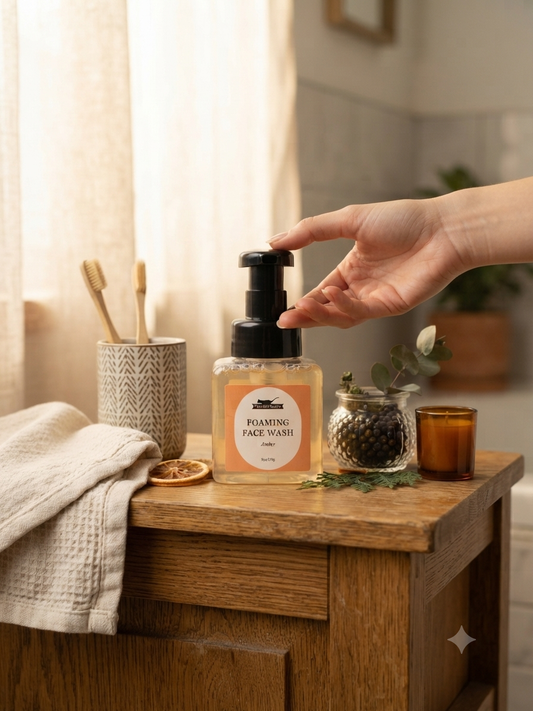 A hand reaches for the Purr.fect beauty pump dispenser of a foaming face wash on a wooden bathroom counter, surrounded by a textured towel, toothbrushes, a small glass jar, and an amber candle.