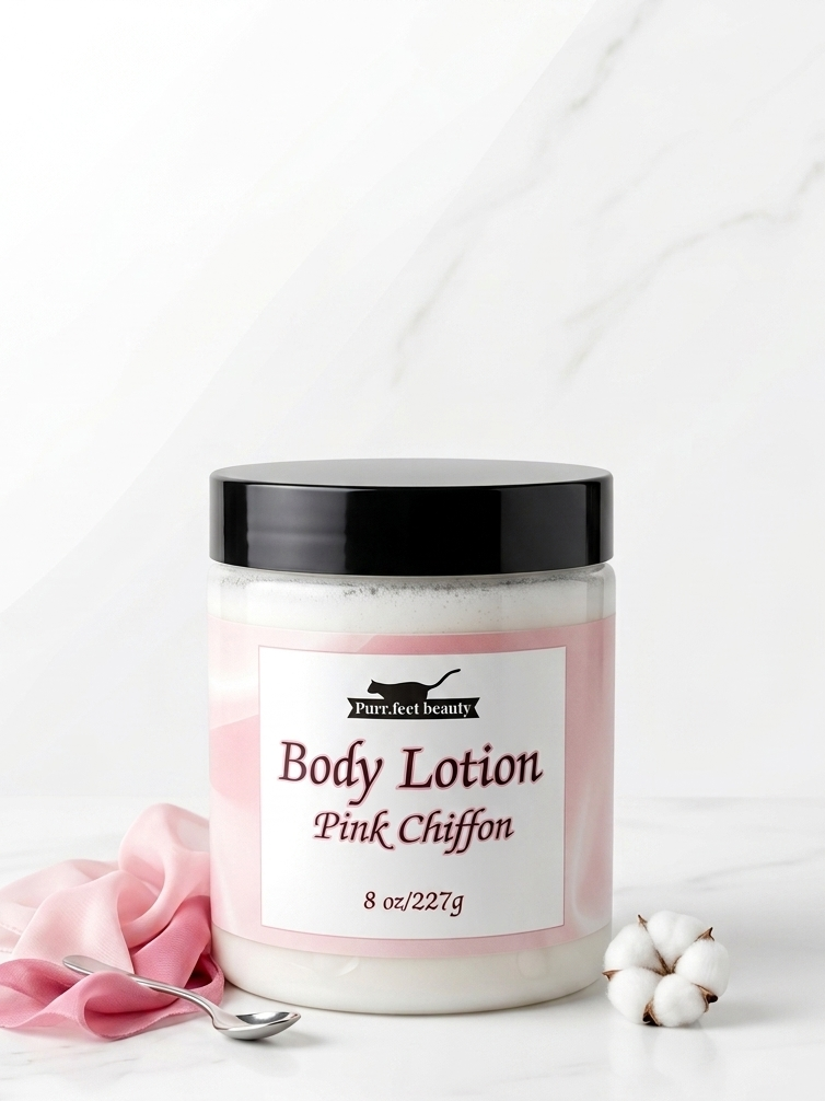 Body lotion jar labeled 'Pink Chiffon' with a pink flower and cotton on a white background