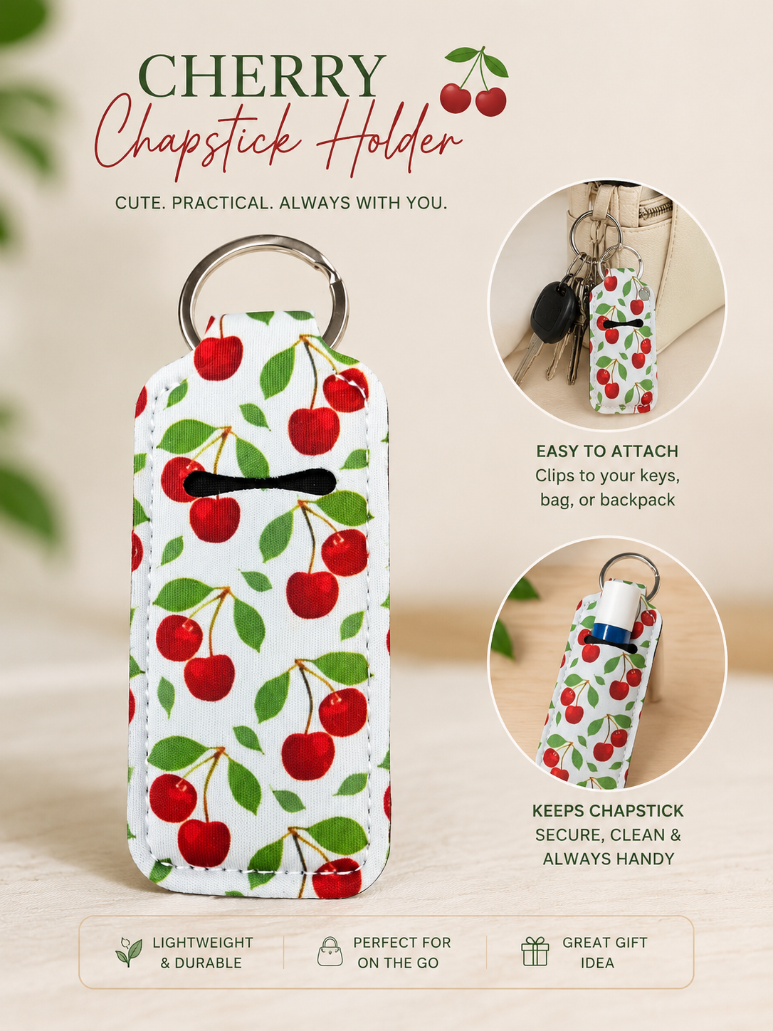 A cherry-patterned chapstick holder keychain shown on a light beige background, with text reading 'CHERRY Chapstick Holder' and three circular inset photos demonstrating how it clips to keys, bag, or backpack. The product has a white base with red cherries and green leaves, plus a black clip and silver metal ring.