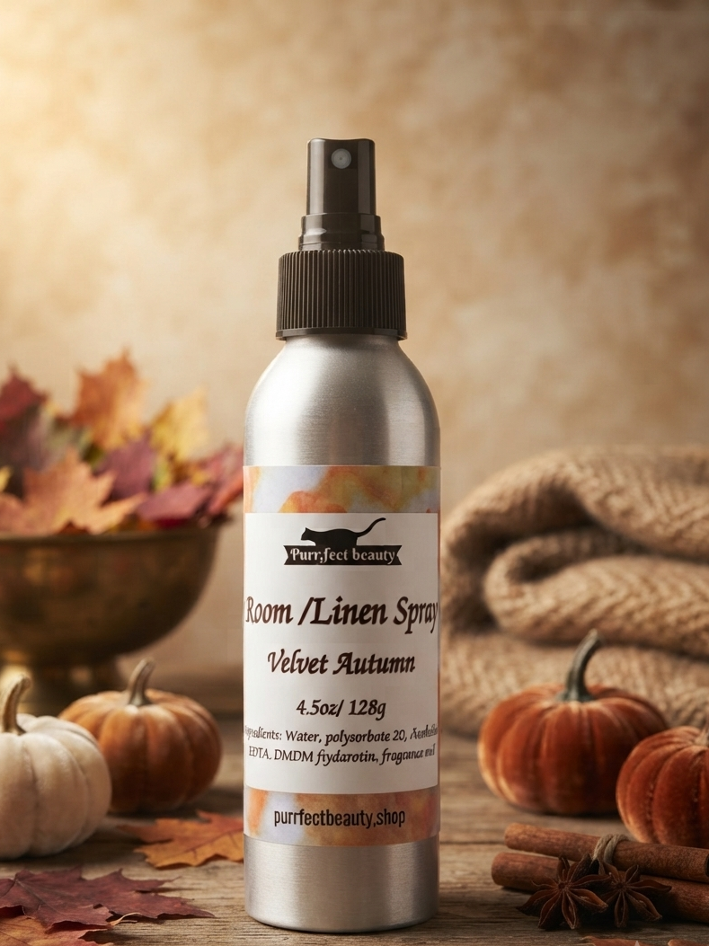 A silver spray bottle labeled 'Purified Beauty Room/Linen Spray - Velvet Autumn' stands on a rustic wooden surface surrounded by autumn leaves, small pumpkins, cinnamon sticks, and a folded beige textile in the background.