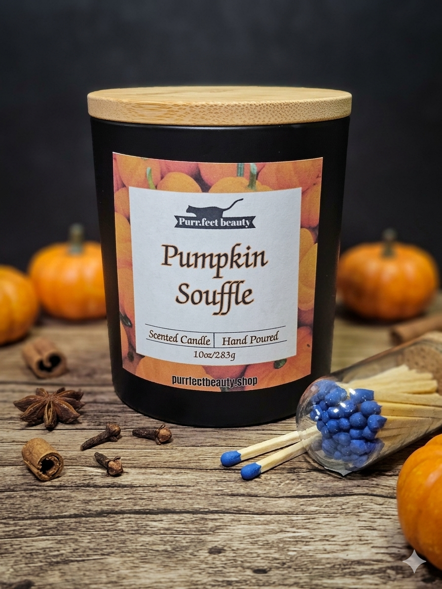 Pumpkin Souffle scented candle with pumpkins and match sticks on a wooden surface