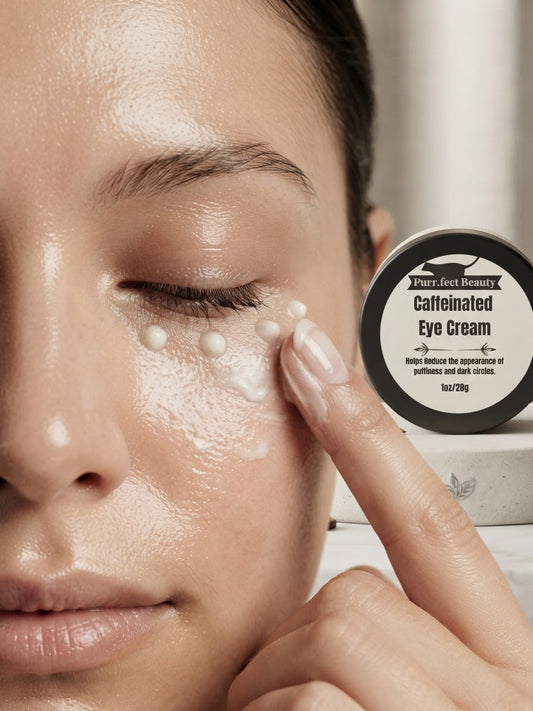 Close-up of a woman applying white eye cream under her eye while touching her cheek, with a round black-and-white jar labeled 'Purr.fect Beauty Caffeinated Eye Cream' visible on the right.